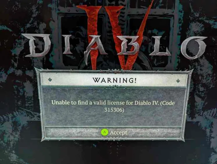 Error Code 315306: Unable to Find Valid License in Diablo 4